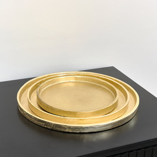  Set of 3 Round Gold Metal Trays 