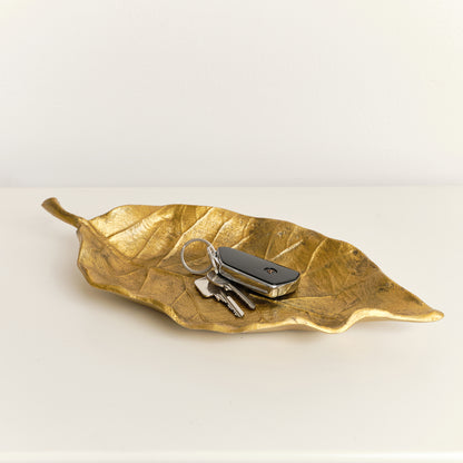 Large Antique Gold Bay Leaf Shaped Trinket Tray - 36cm
