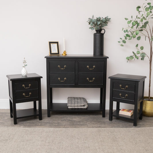 Large Black 4 Drawer Chest of Drawers & Pair of Bedside Tables - Briggs Range 