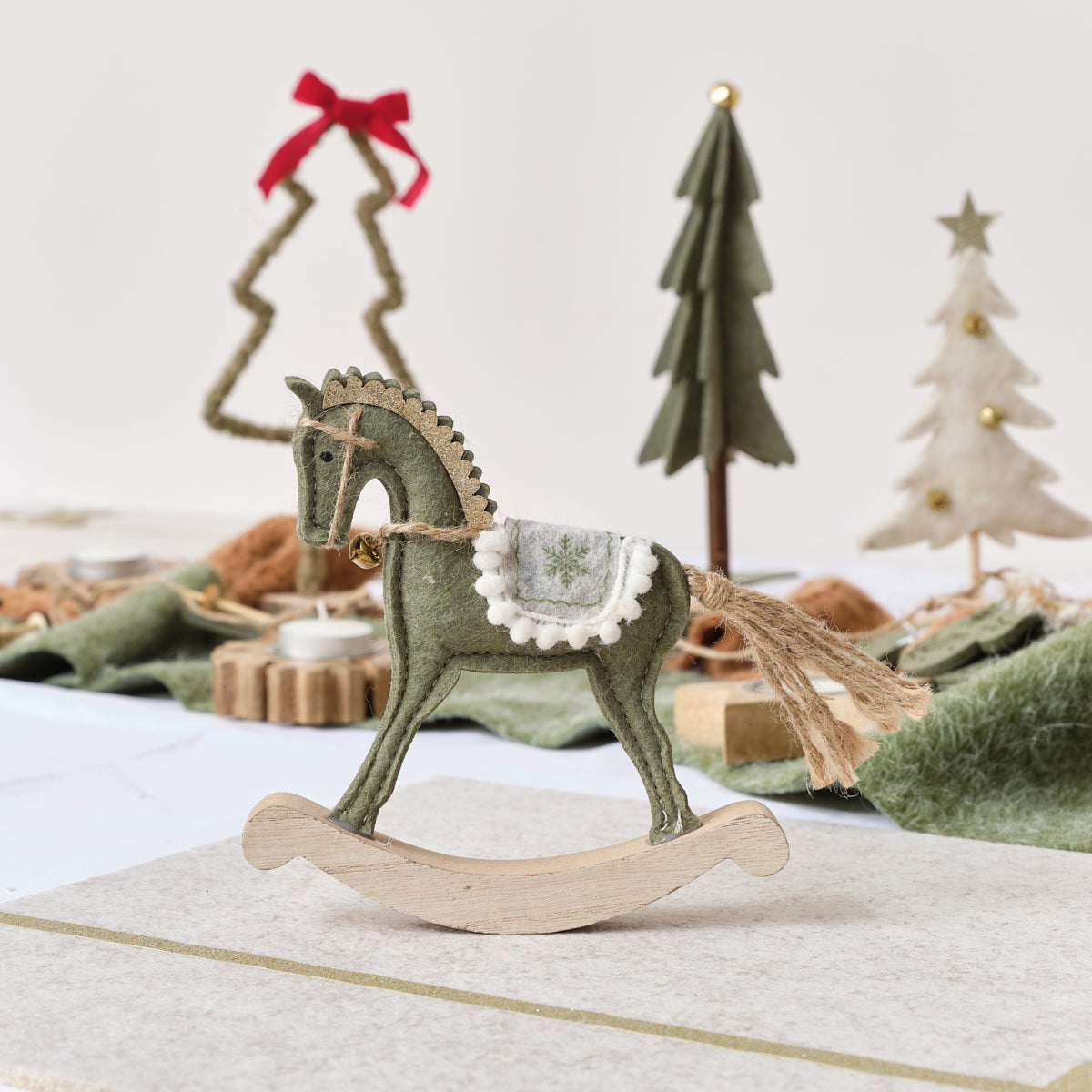 Sage Green Felt Standing Rocking Horse Decoration - 16cm