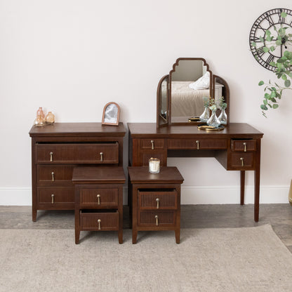 Dark Brown Wooden Reeded Chest of 3 Drawers, Dressing Table, Mirror Set & Pair of Bedside Tables - Georgian Range