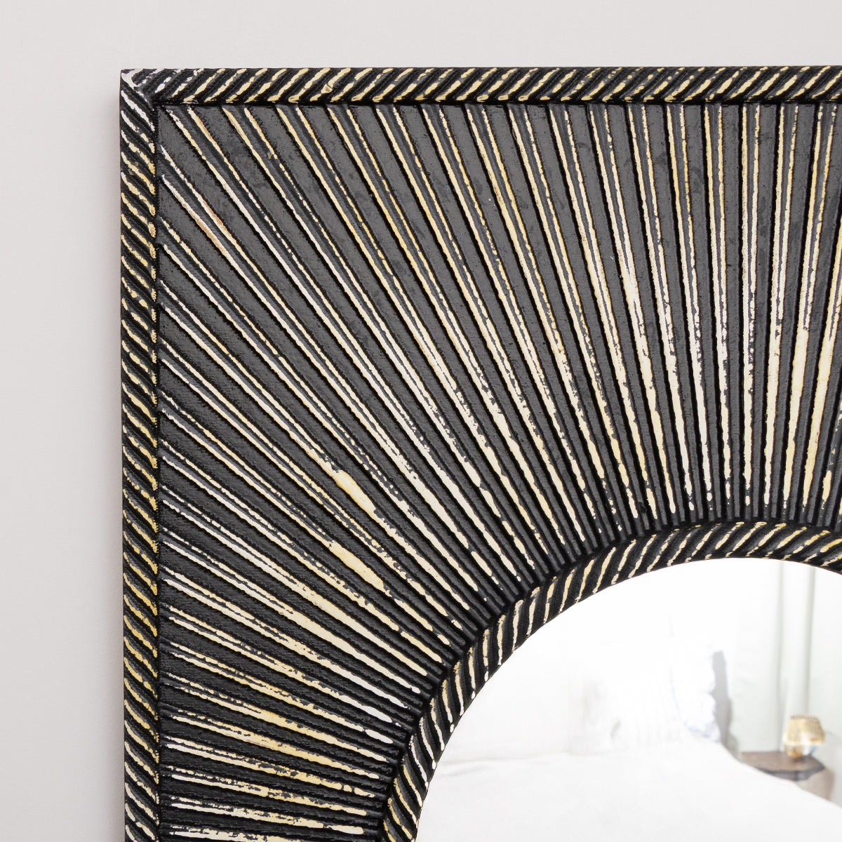 Distressed Black Rectangular Wooden Sunburst Wall Mirror - 60cm x 80cm