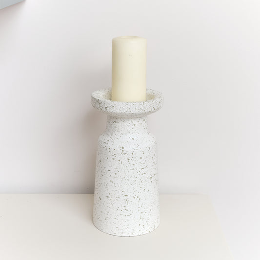 Large White Speckled Metal Round Pillar Candle Holder - 28cm 