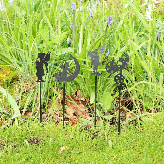  Set of 4 Black Metal Fairy Silhouette Garden Stakes 