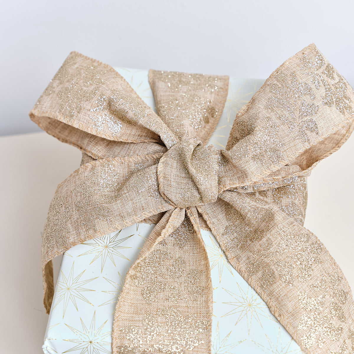 Large Pale Champagne Floral Glittered Wired Ribbon Garland - 270cm