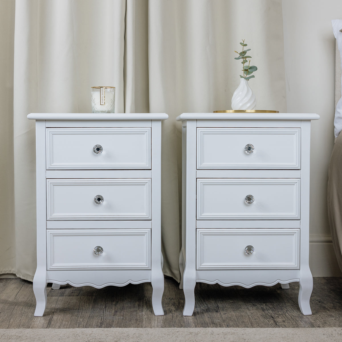 Pair of White 3 Drawer Bedside Tables - Victoria Range