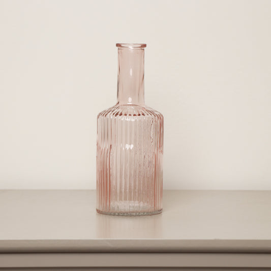  Pale Pink Ribbed Glass Bottle Vase - 20cm 