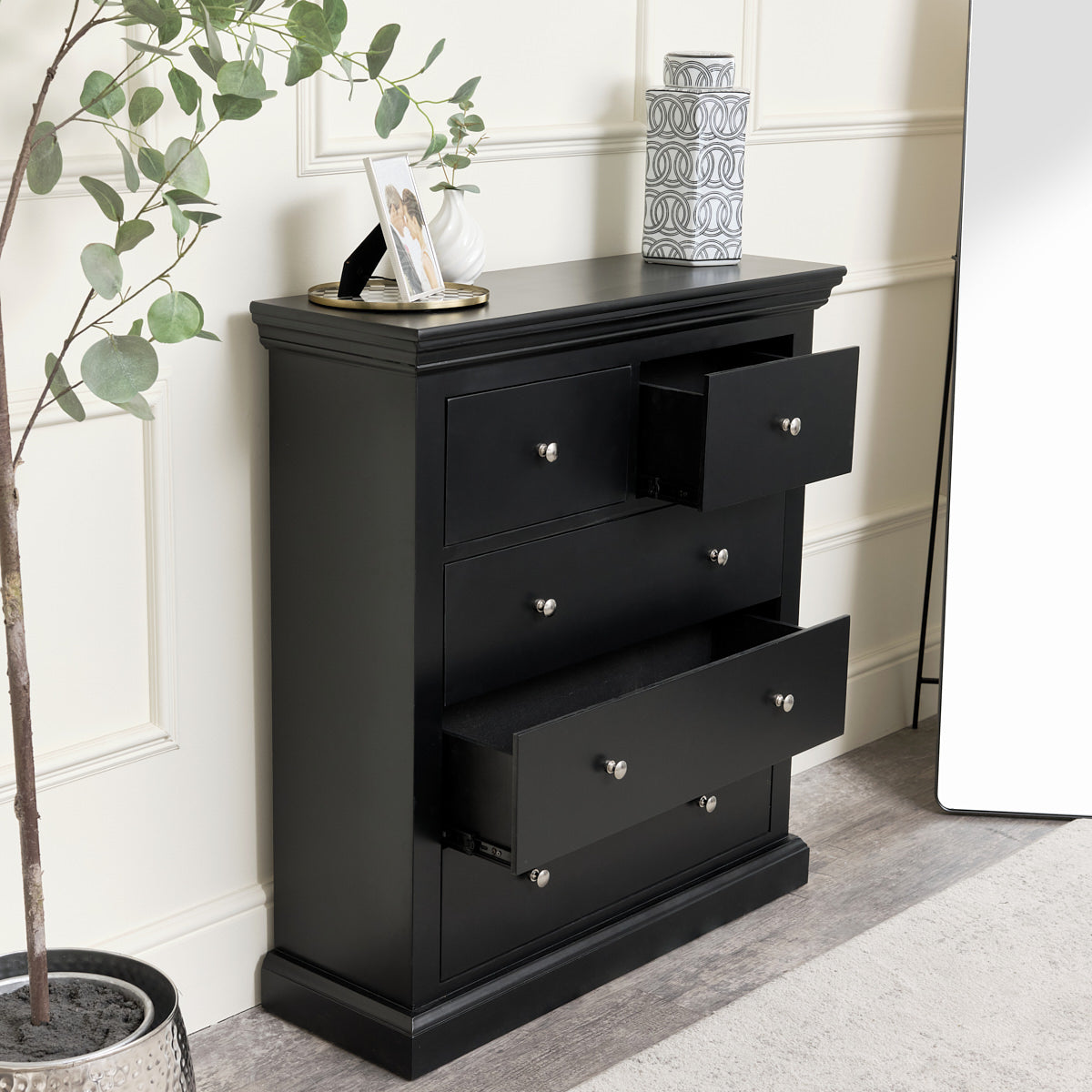 Black 5 Drawer Chest of Drawers Slimline Haxey Black Range Windsor