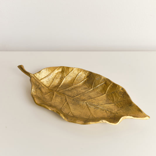  Large Antique Gold Bay Leaf Shaped Trinket Tray - 36cm 