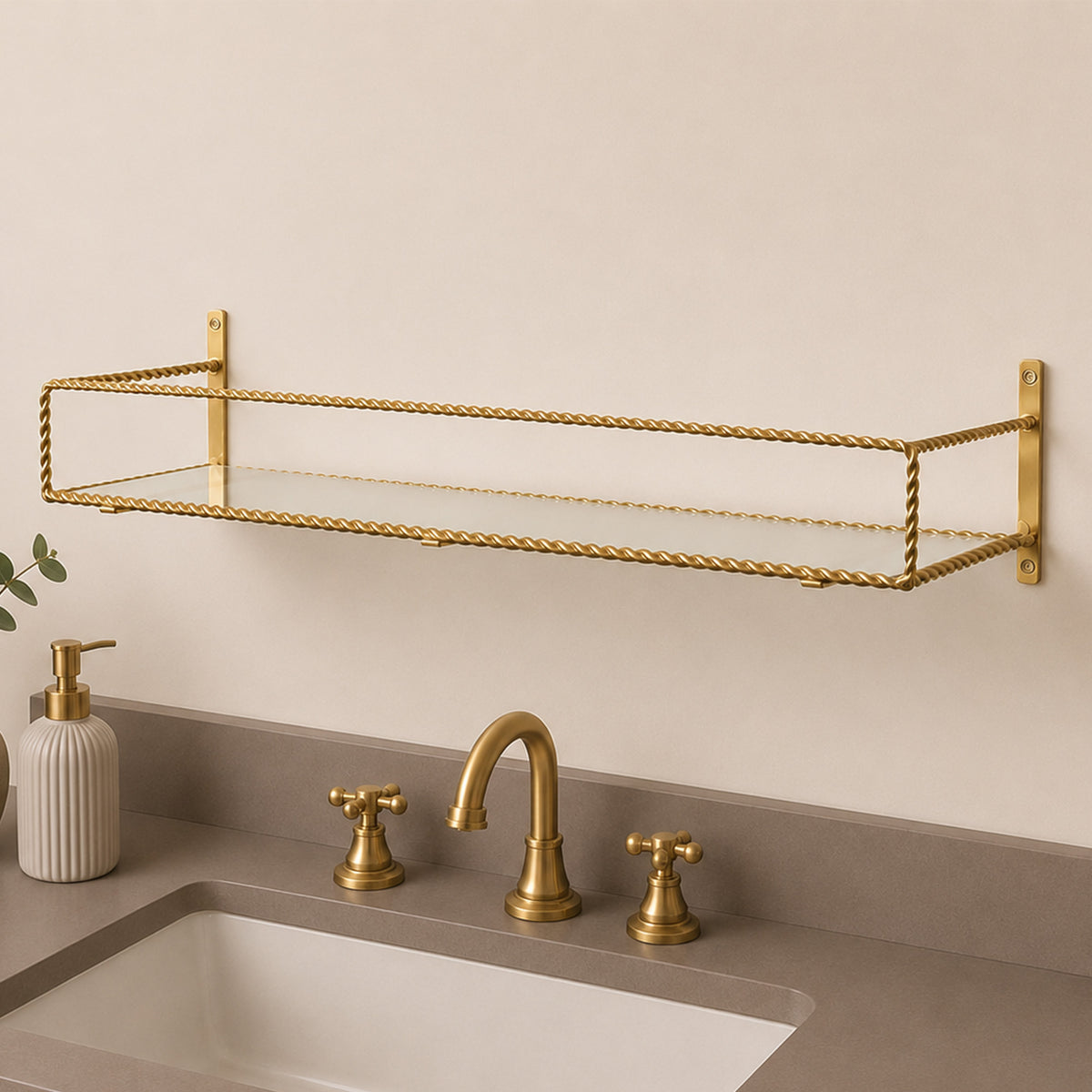 Large Gold Twisted Rope Design Wall Shelf with Frosted Glass Shelf