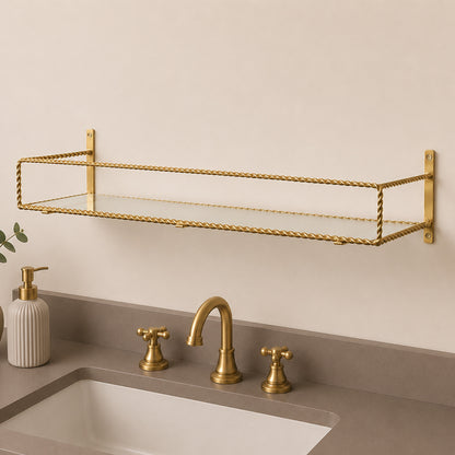 Large Gold Twisted Rope Design Wall Shelf with Frosted Glass Shelf