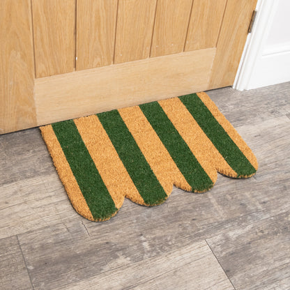 Rectangular Green & Natural Striped Doormat with Scallop Edge