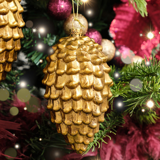  Set of 2 Gold Glitter Pine Cone Hanging Decoration 12cm 