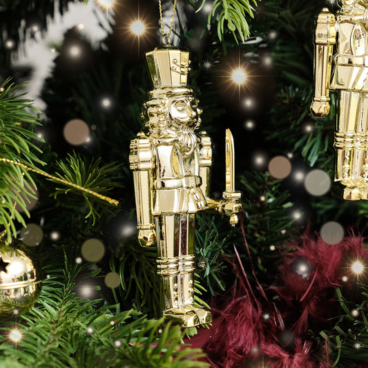  Set of 2 Shiny Gold Nutracker Hanging Tree Decorations - 12cm 
