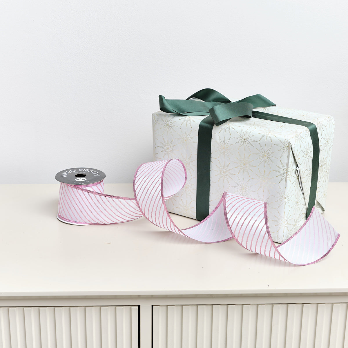 Large Pink & White Diagonal Striped Wired Ribbon Garland - 270m
