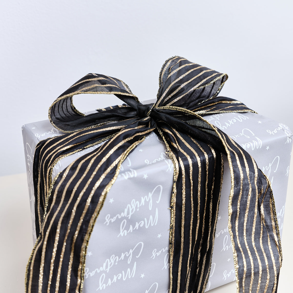 Large Black & Gold Striped Ribbon Christmas Garland - 270cm