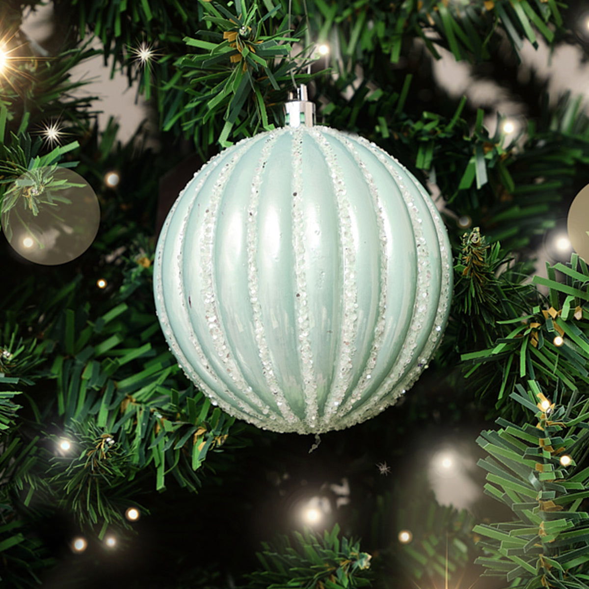 Set of 2 Icy Blue Glitter Striped Reeded Hanging Baubles - 8cm