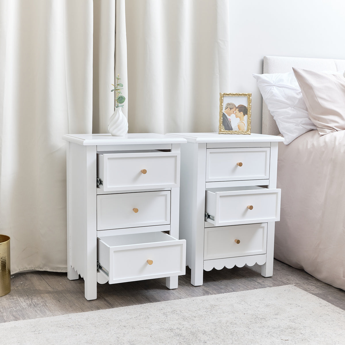Pair of Scalloped 3 Drawer Bedside Tables - Staunton White Range