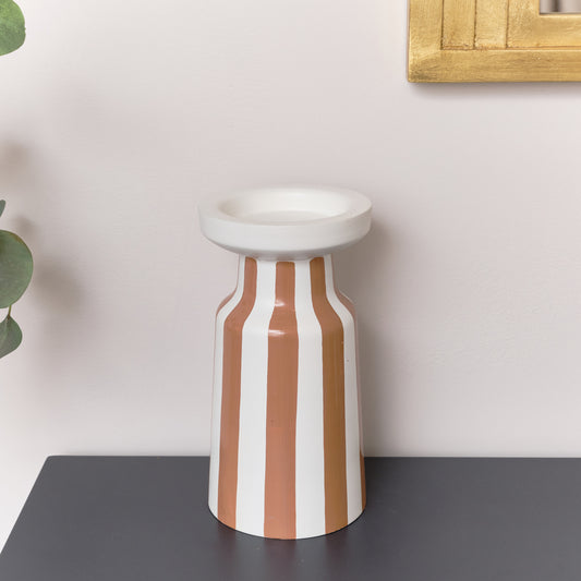  Large Burnt Orange Striped Pillar Candle Holder - 28cm 