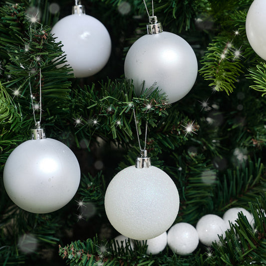  Set of 10 Mixed Glitter White and Silver Baubles - 6cm 