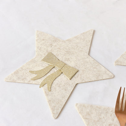 Set Of 4 Beige Star Shaped Felt Cutlery Holders with Champagne Gold Bow