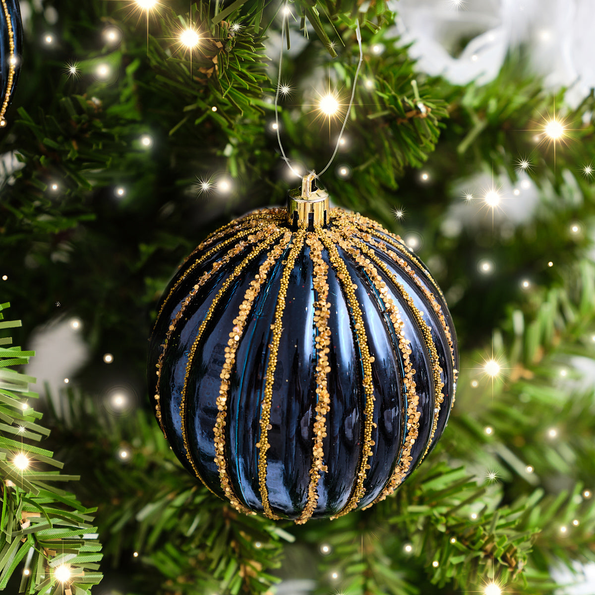Set of 2 Blue Glitter Striped Reeded Hanging Baubles - 8cm