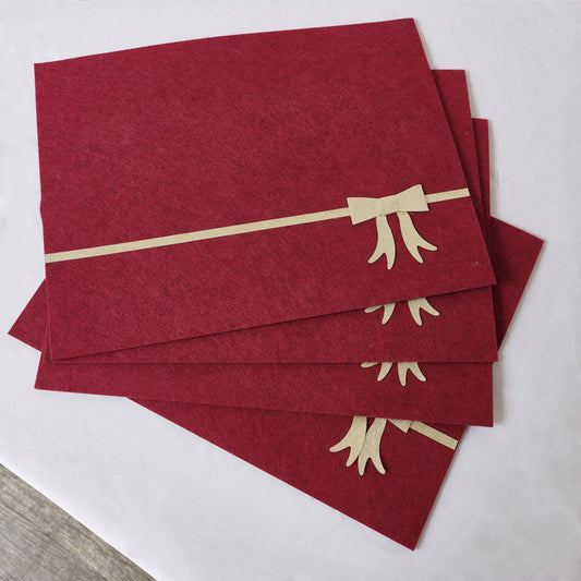  Set of 4 Dark Red Rectangular Felt Placemat with Champagne Gold Bow 