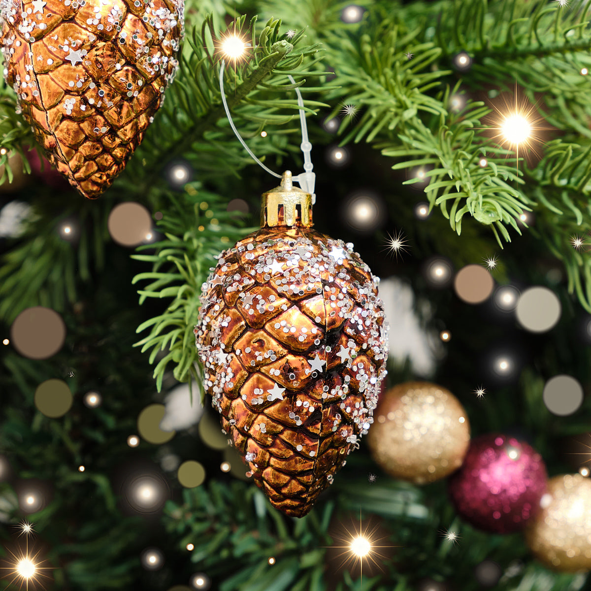 Set of 3 Gold & Bronze Sequin Pinecone Bauble Decorations - 6.5cm