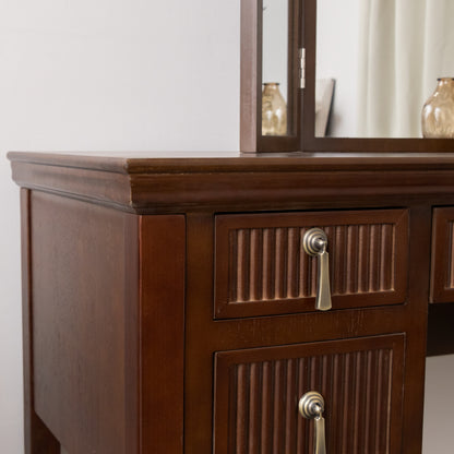 Dark Brown Wooden Reeded Dressing Table, Mirror Set & Pair of Bedside Tables - Georgian Range
