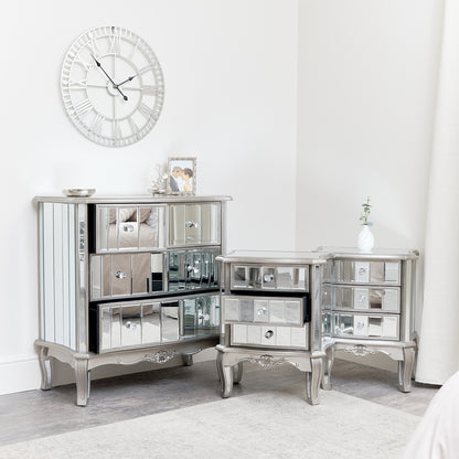 Silver Mirrored Chest of Drawers & Pair of 3 Drawer Bedside Tables - Tiffany Range