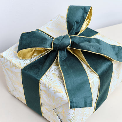 Large Green & Gold Velvet Wired Ribbon Garland - 270cm