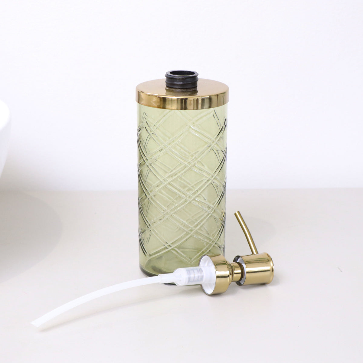 Green Patterned Soap Dispenser with Gold Rim