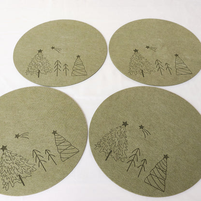 Set of 4 Green Round Felt Placemats with Tree Detail