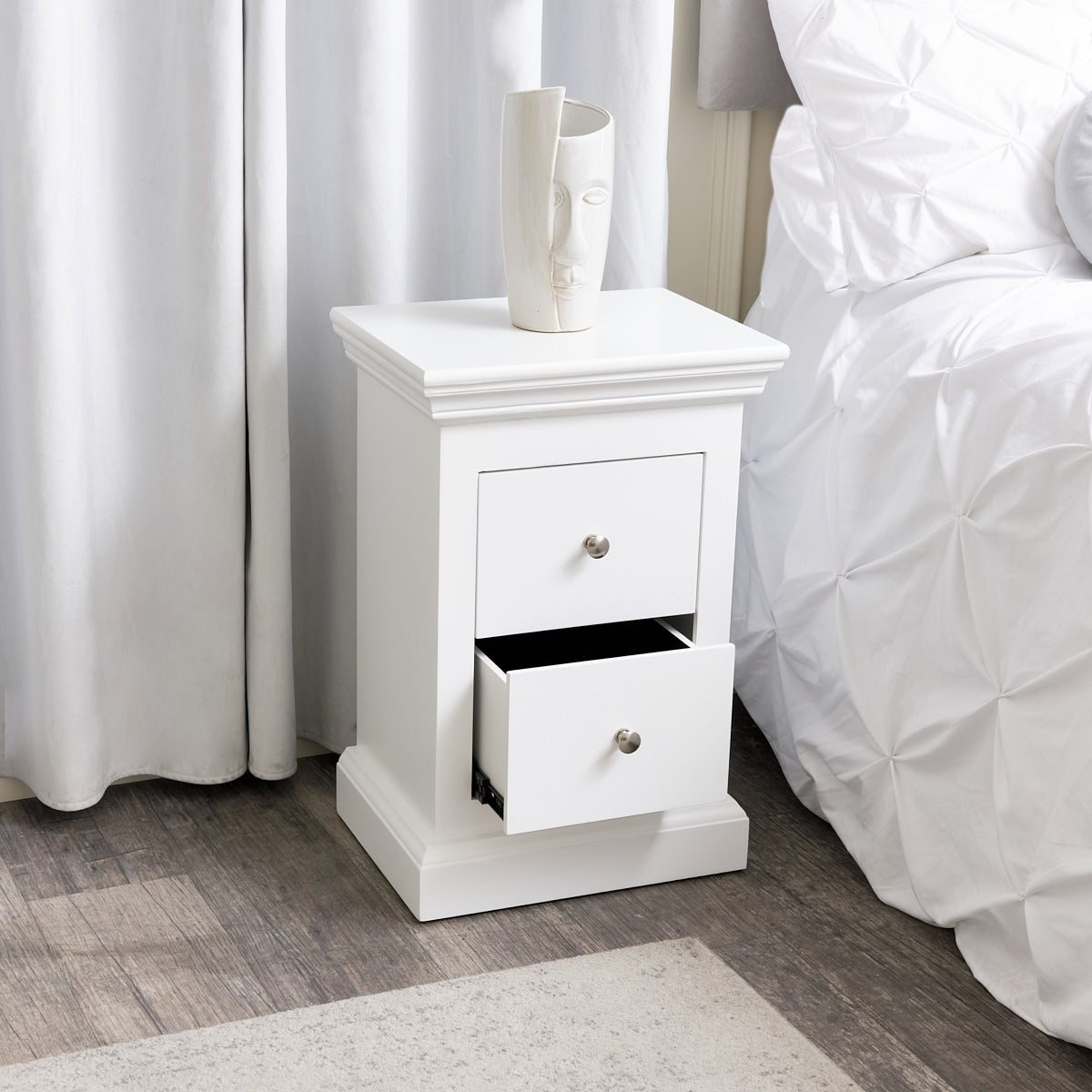 White 2 Drawer Bedside Table - Slimline Haxey White Range