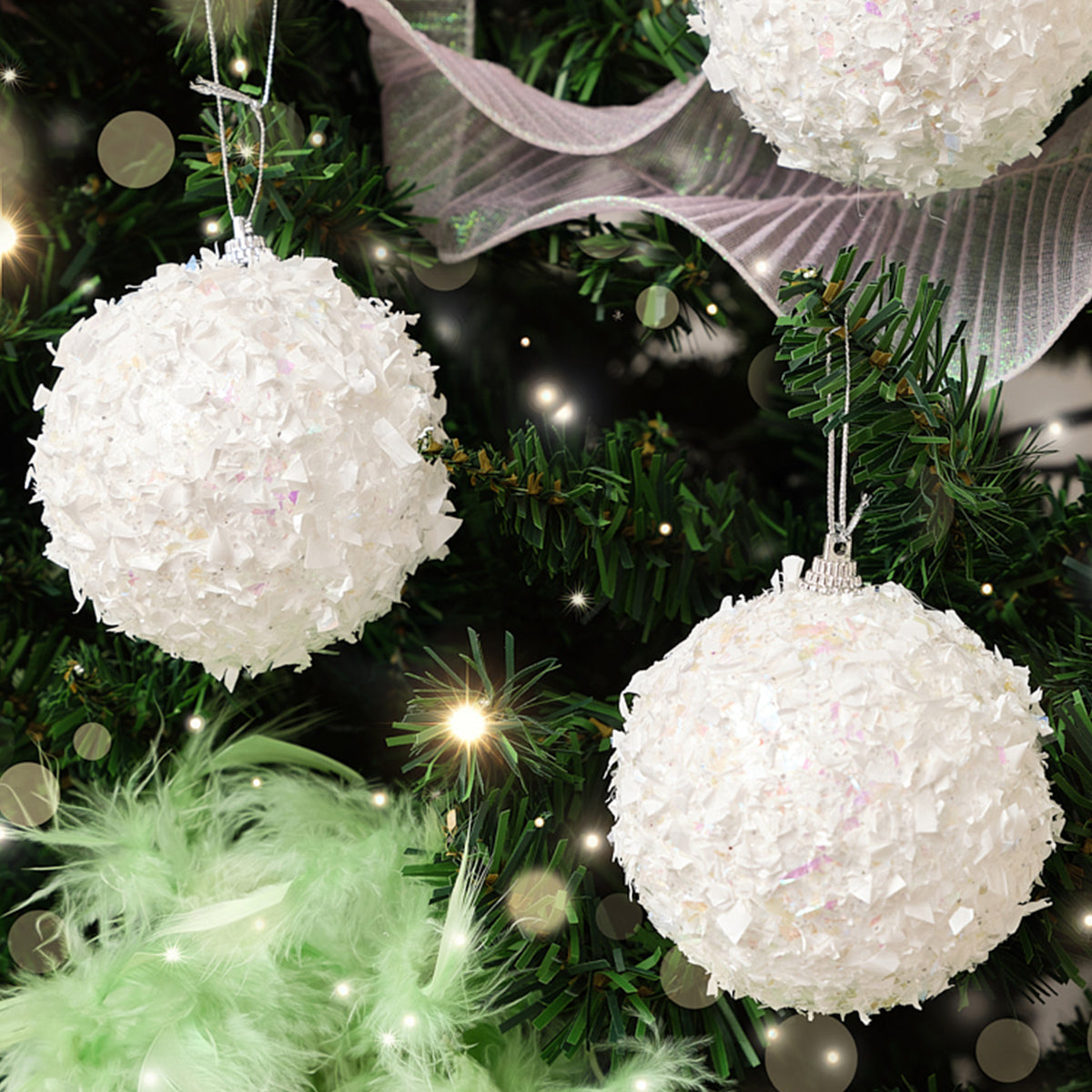 Set of 3 White Chunky Snowball Bauble Decorations - 8cm