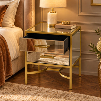 Gold Mirrored 2 Drawer Bedside Table - Venus Range