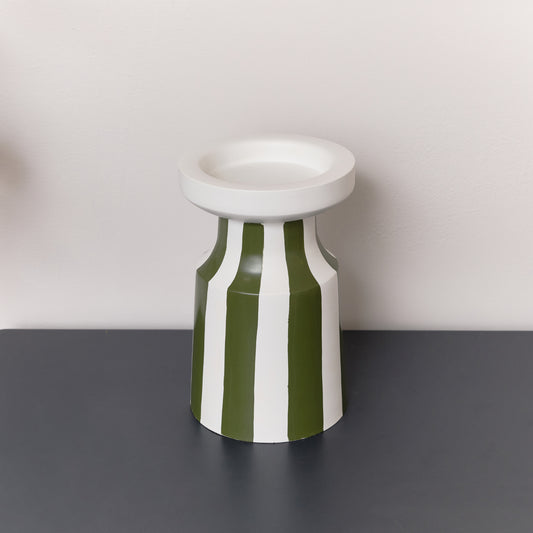  Dark Green Striped Pillar Candle Holder - 18cm 