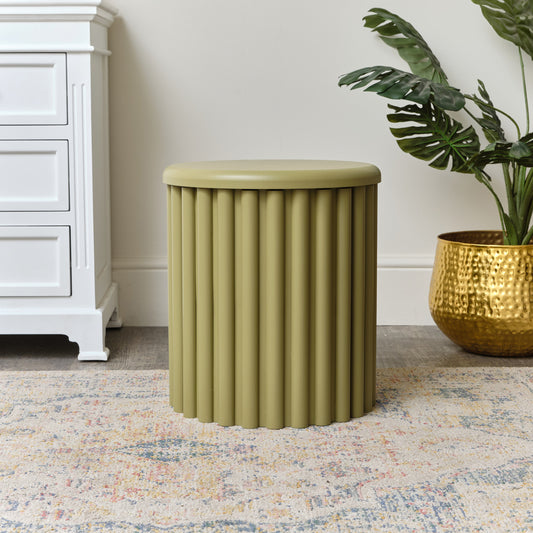  Olive Green Wooden Fluted Storage Stool / Side Table 