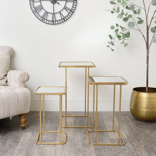  Set of 3 Gold Mirrored Square Side Tables 
