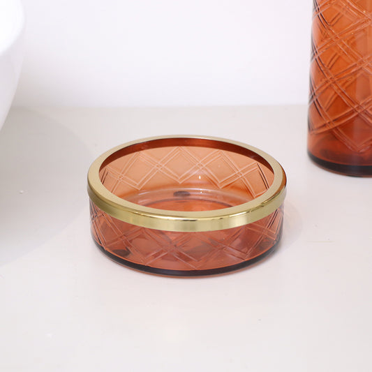  Rust Orange Patterned Glass Soap Dish with Gold Rim 