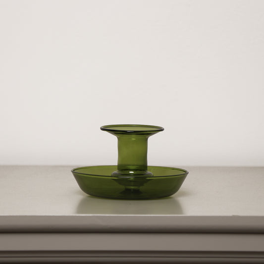  Vintage Dark Green Glass Round Candlestick Holder 