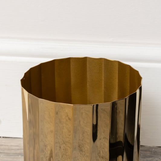  Large Shiny Gold Metal Fluted Planter / Waste Bin - 18cm 