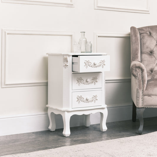  Antique White 3 Drawer Bedside Table - Pays Blanc Range 