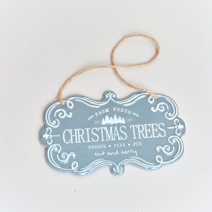 Blue & White Christmas Trees Hanging Sign - 18cm x 10.5cm