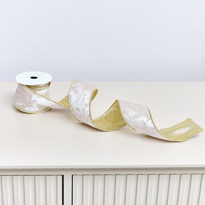 Large White & Gold Shiny Velvet Wired Ribbon Garland - 270cm
