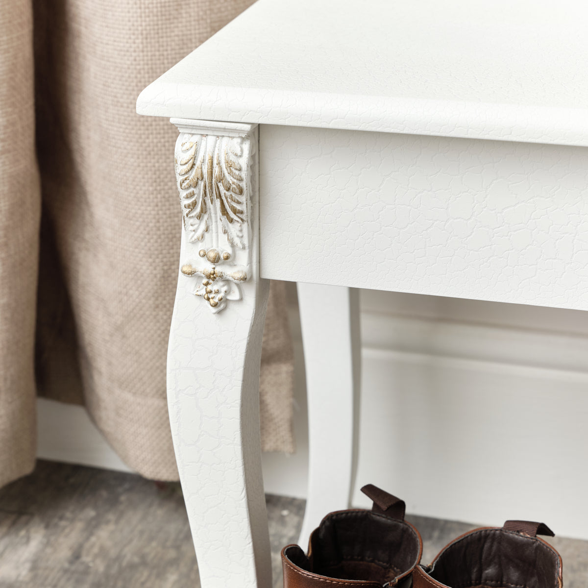 Ornate White Detailed Bench with Wooden Top - Pays Blanc Range