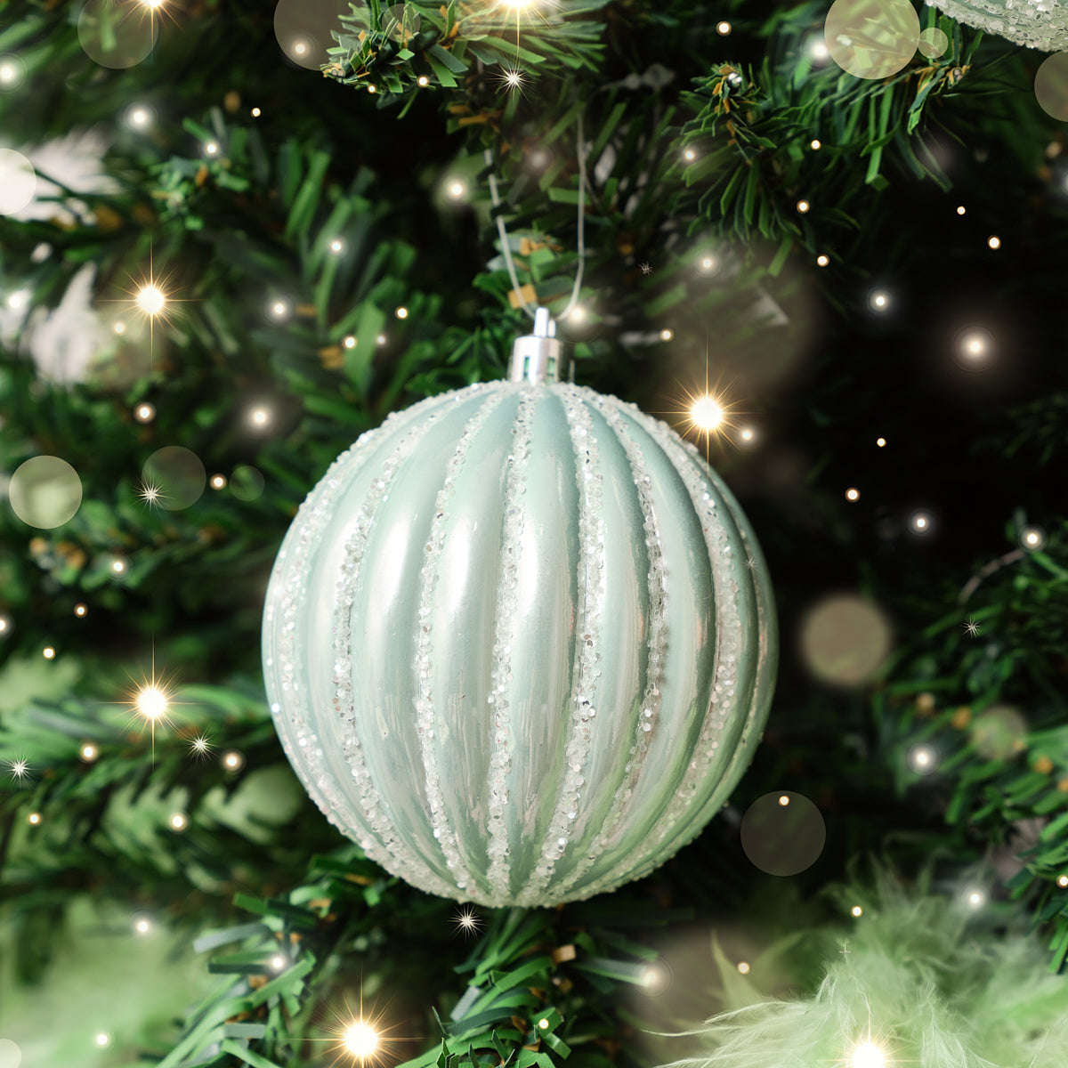 Set of 2 Icy Blue Glitter Striped Reeded Hanging Baubles - 8cm