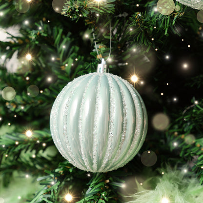 Set of 2 Icy Blue Glitter Striped Reeded Hanging Baubles - 8cm