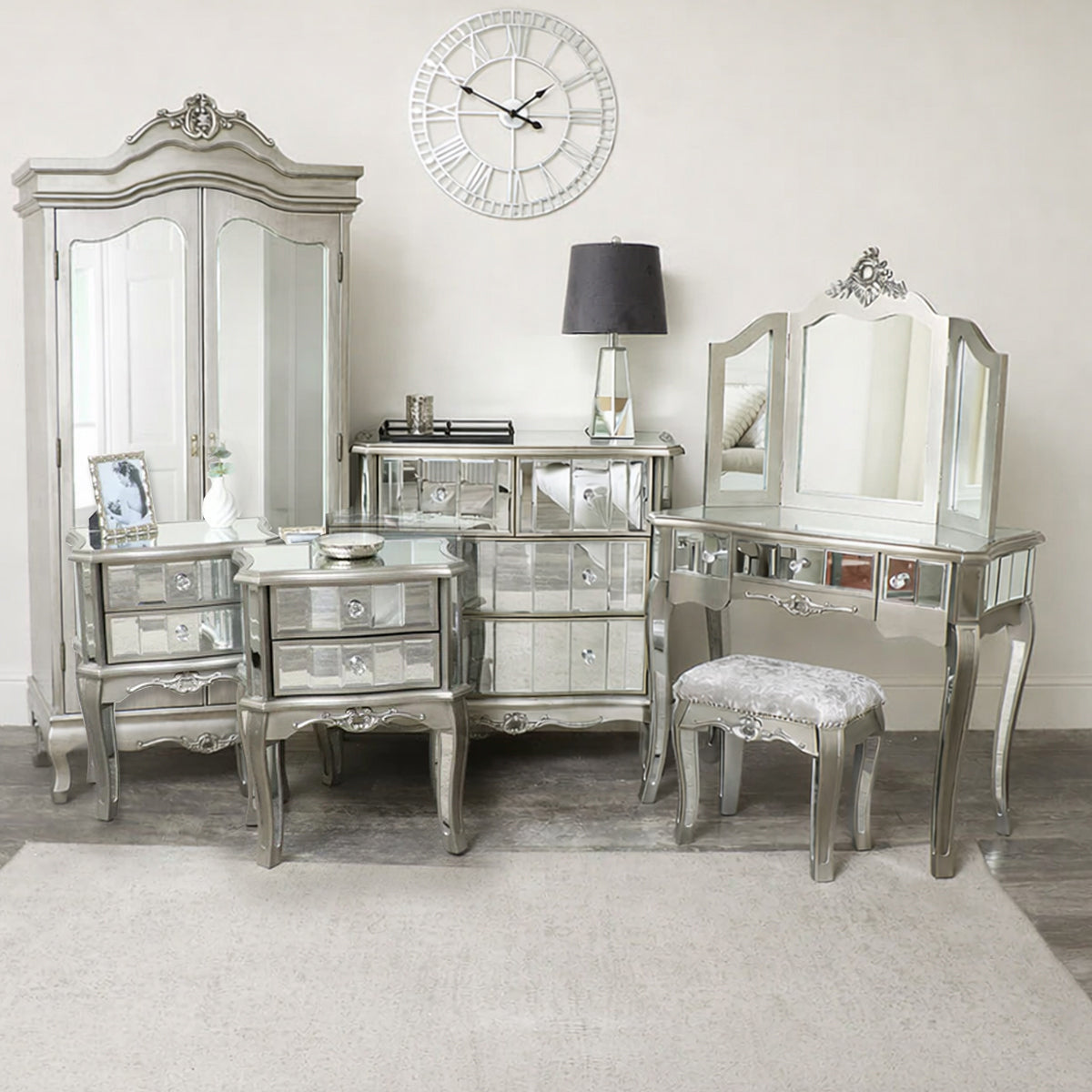 Silver Mirrored Double Wardrobe, Chest of Drawers, Dressing Table Set & Bedside Tables - Tiffany Range