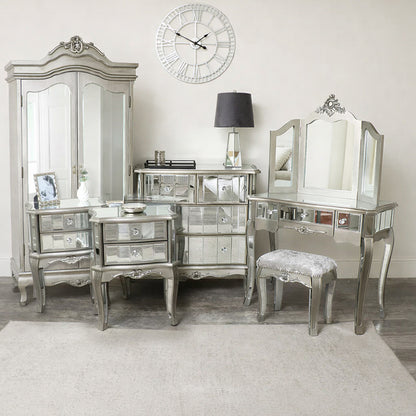 Silver Mirrored Double Wardrobe, Chest of Drawers, Dressing Table Set & Bedside Tables - Tiffany Range